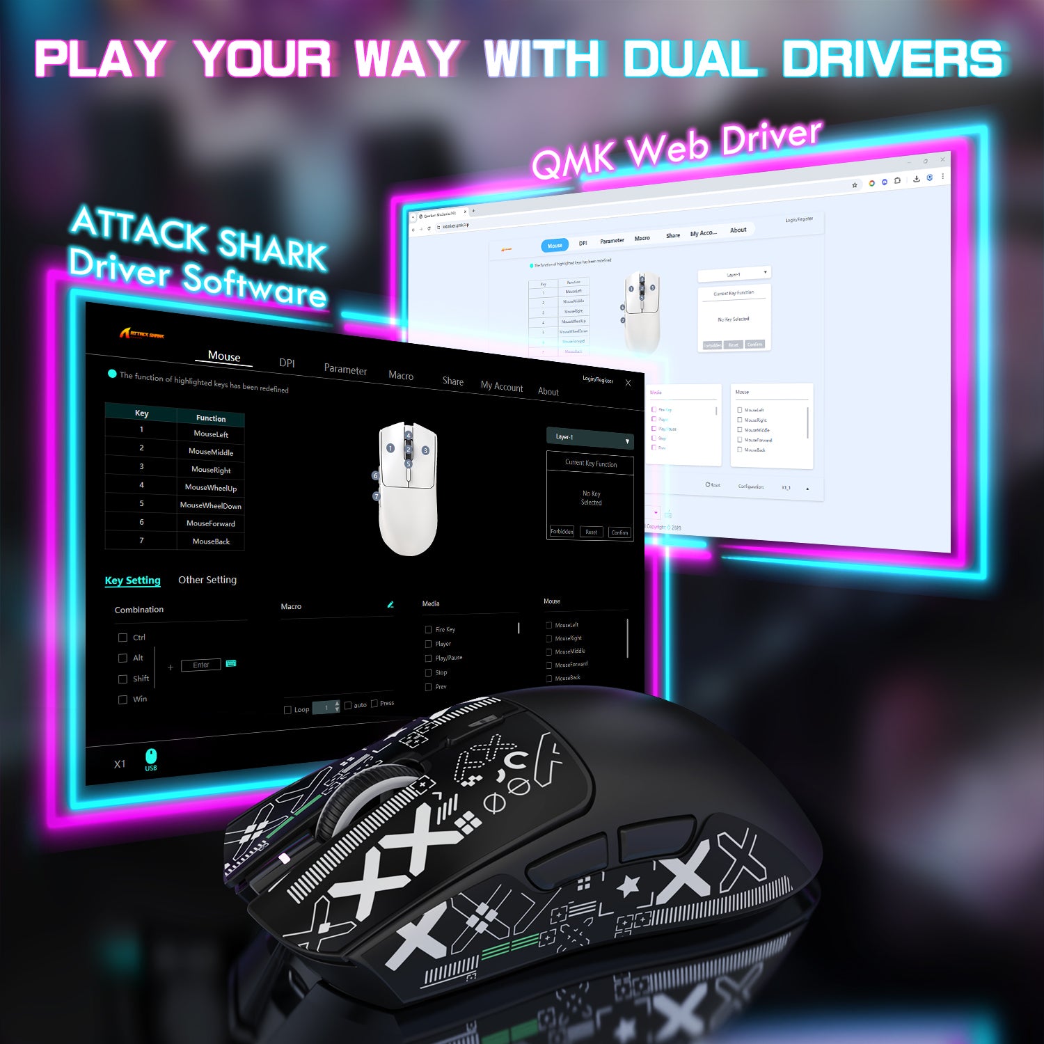 ATTACK SHARK X1 gaming mouse driver software interface, key settings customization, and QMK web driver features.