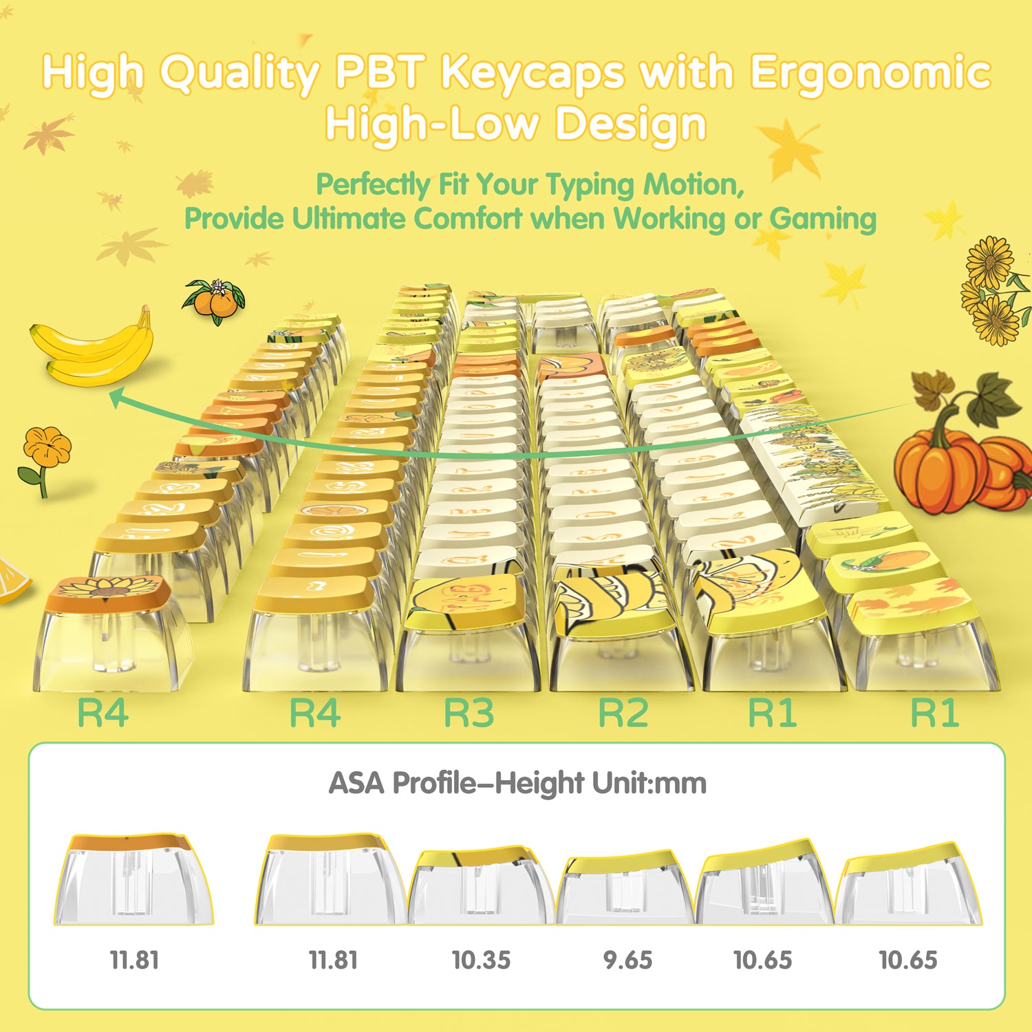 ATTACK SHARK PBT pudding keycaps with fruit designs, ASA profile heights.