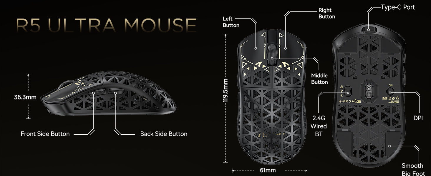 Mouse Gamer Sem Fio ATTACK SHARK R5 ULTRA Fibra de Carbono 8K PAW3950MAX
