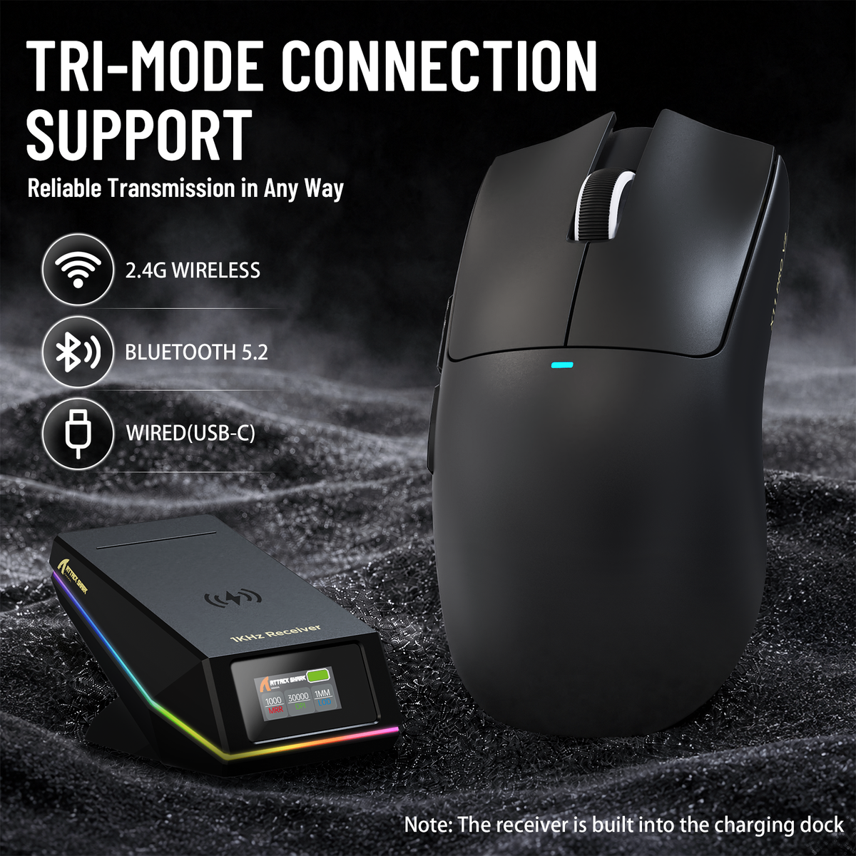 Mouse Gamer Sem Fio ATTACK SHARK X11 PRO V2 com Tela TFT e Base de Carregamento com Cabo Enrolado C06