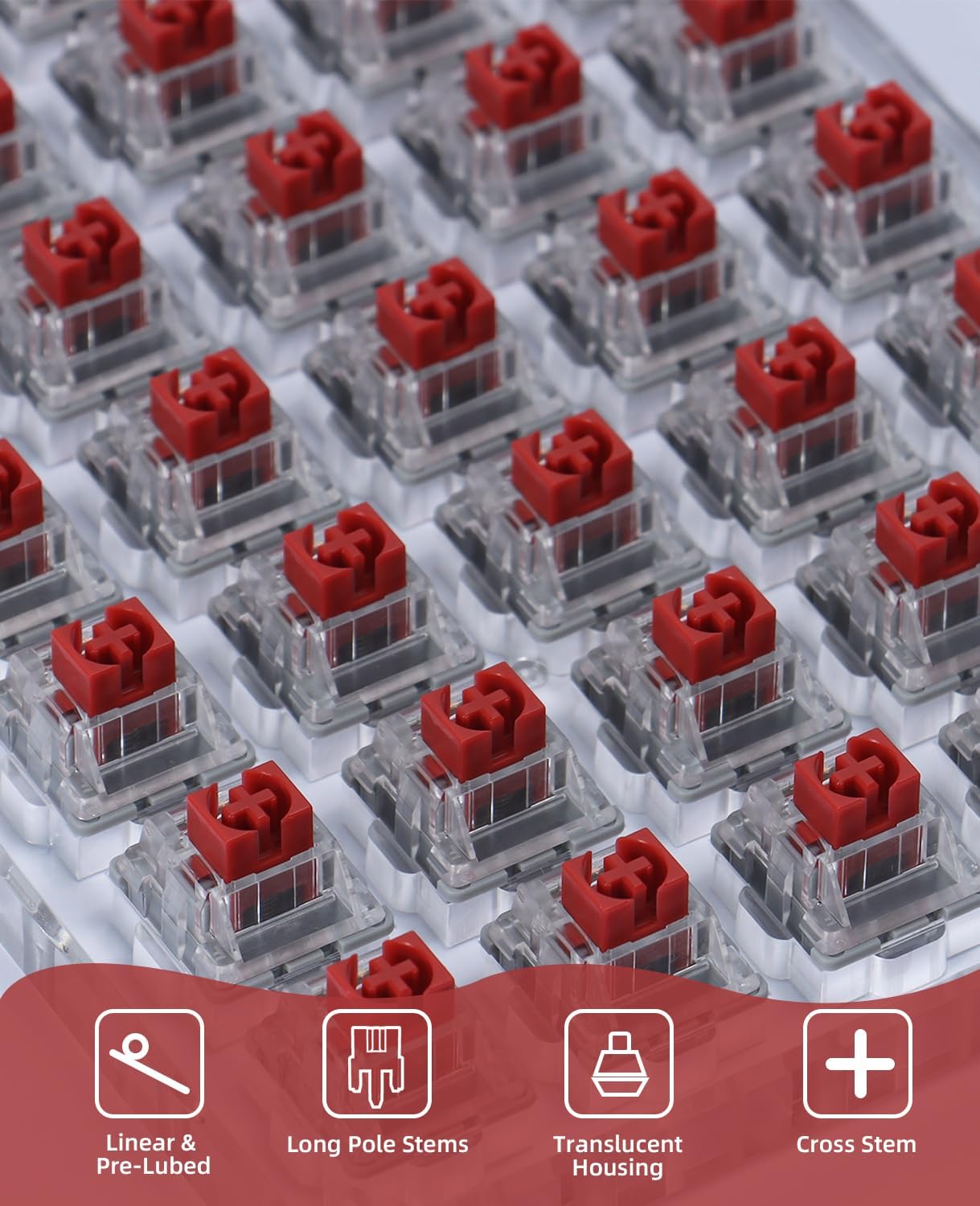ATTACK SHARK x AJAZZ AS101 V2 linear mechanical switches with red stems, clear housings, and cross stems.
