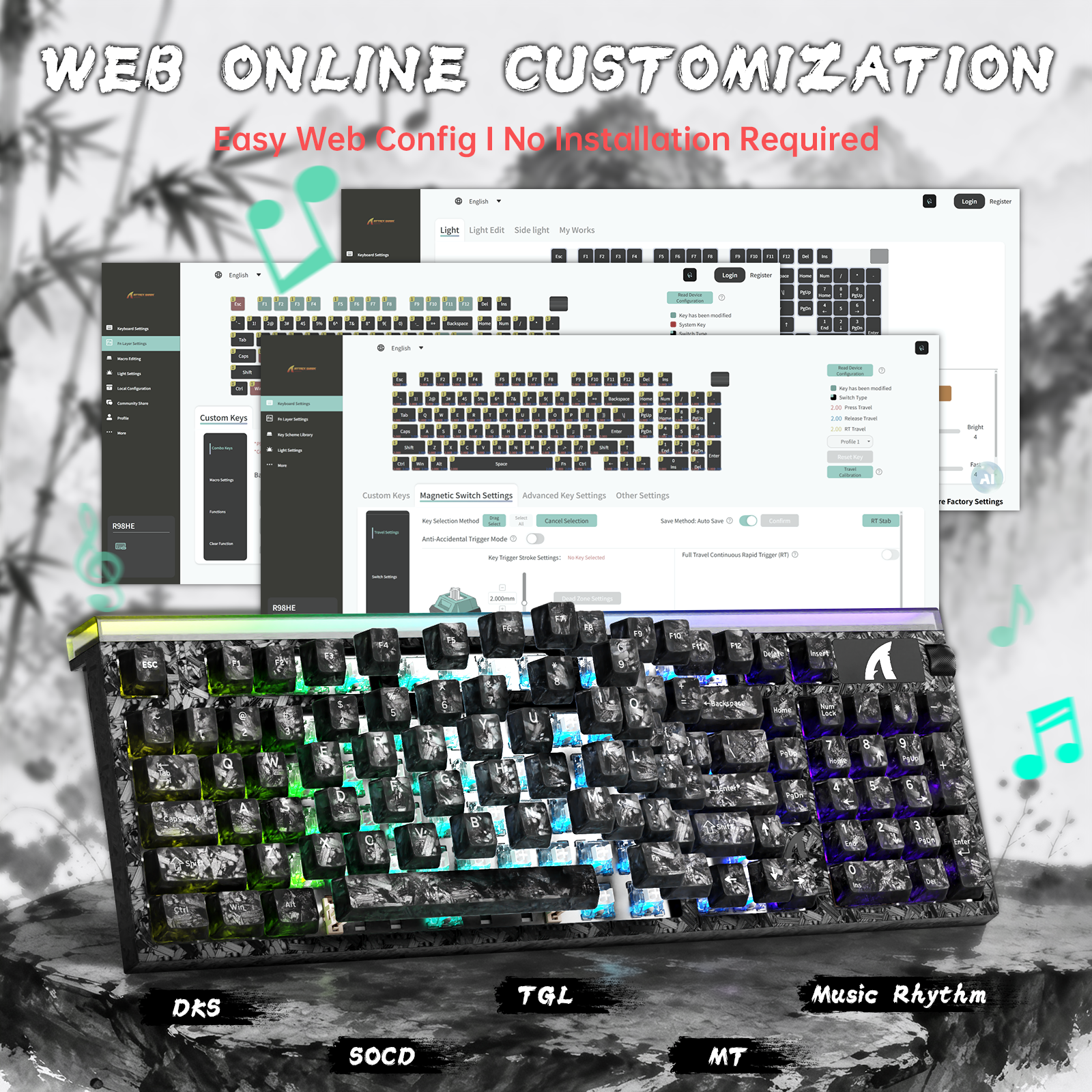 Teclado com fio ATTACK SHARK R98 HE Carbon Fiber, gatilho rápido, interruptor magnético, com cabo enrolado C01 Ultra RGB