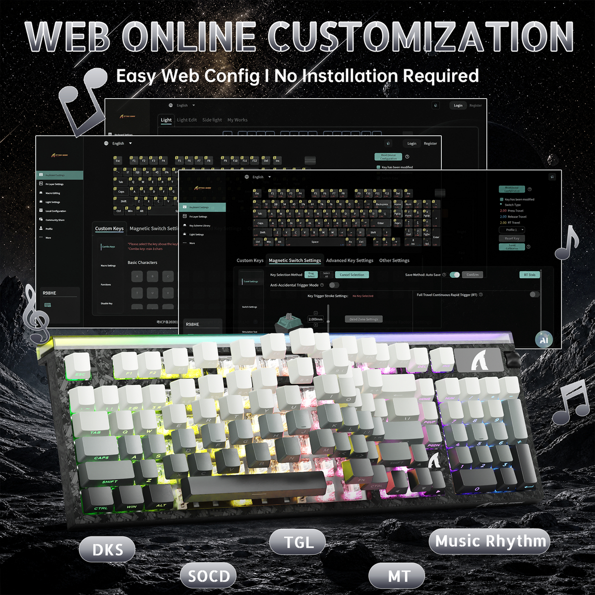 Teclado com fio ATTACK SHARK R98 HE Carbon Fiber, gatilho rápido, interruptor magnético, com cabo enrolado C01 Ultra RGB