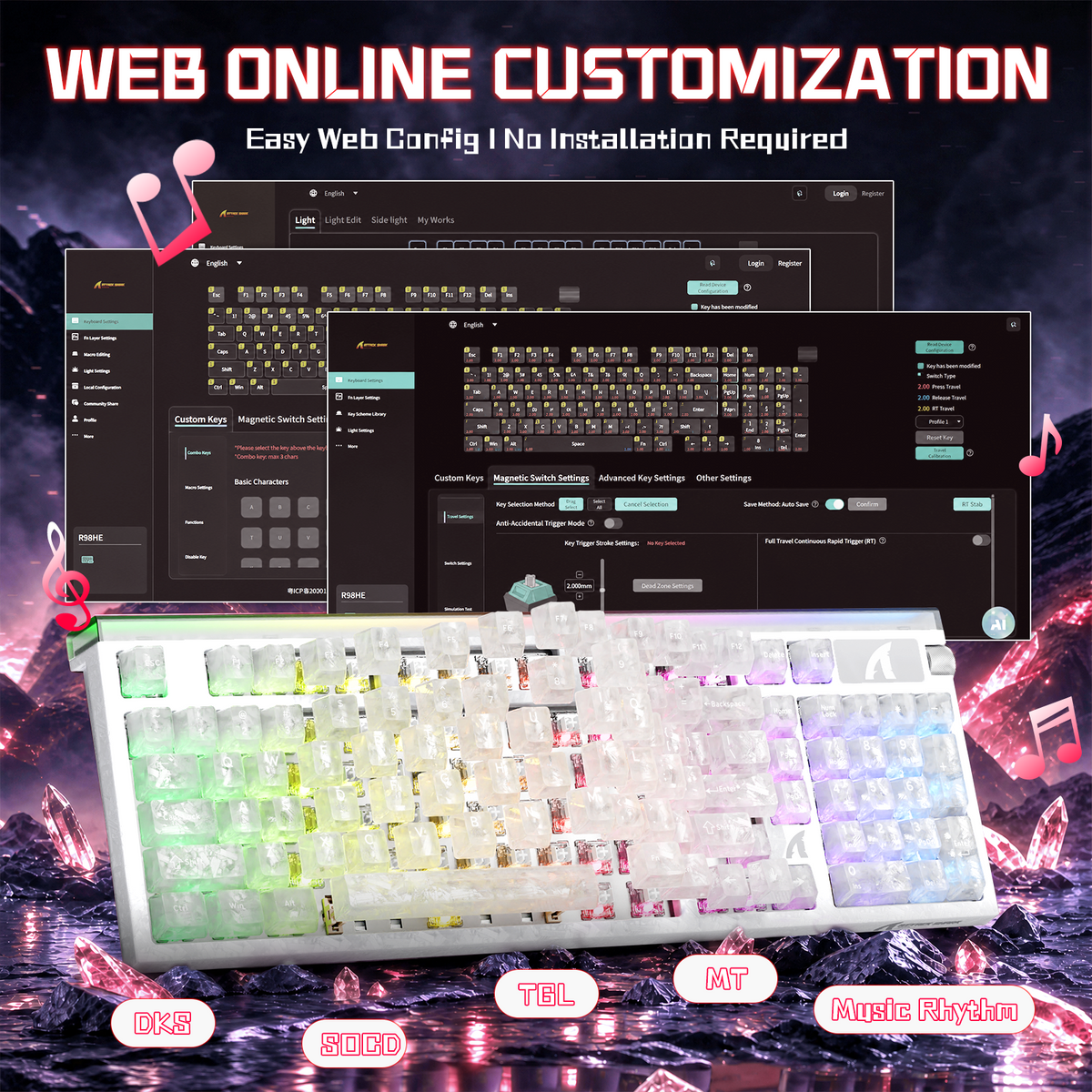 Teclado com fio ATTACK SHARK R98 HE Carbon Fiber, gatilho rápido, interruptor magnético, com cabo enrolado C01 Ultra RGB