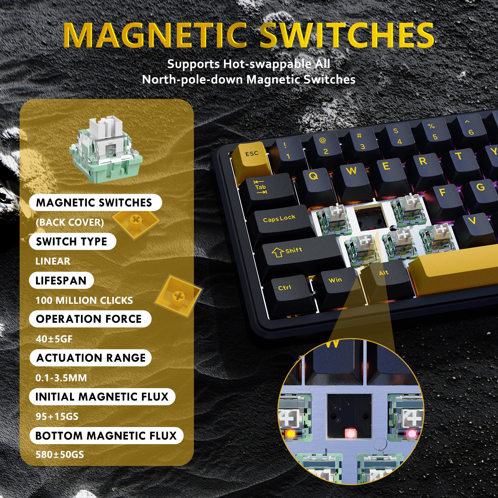 ATTACK SHARK X65 HE keyboard with magnetic switches, highlighting key features and specs.