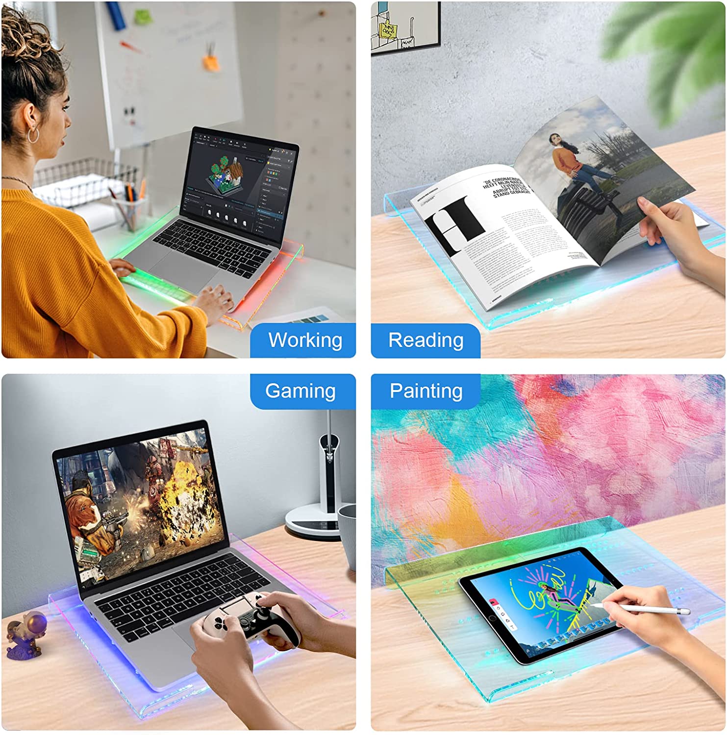 Clear acrylic laptop riser with RGB lighting, used for working, reading, gaming, and drawing