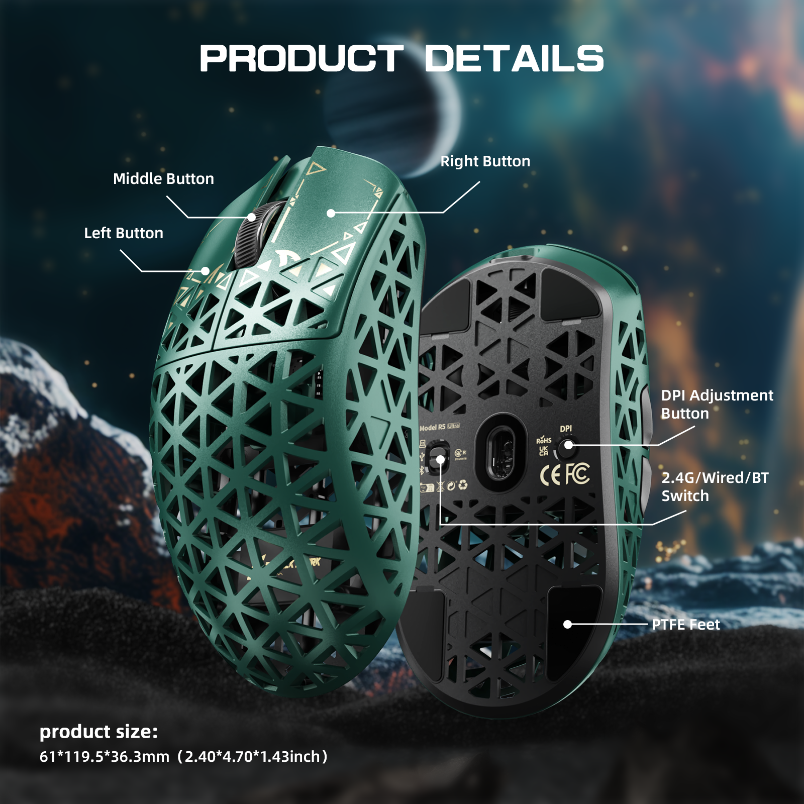 Mouse Gamer Sem Fio ATTACK SHARK R5 ULTRA Fibra de Carbono 8K PAW3950MAX