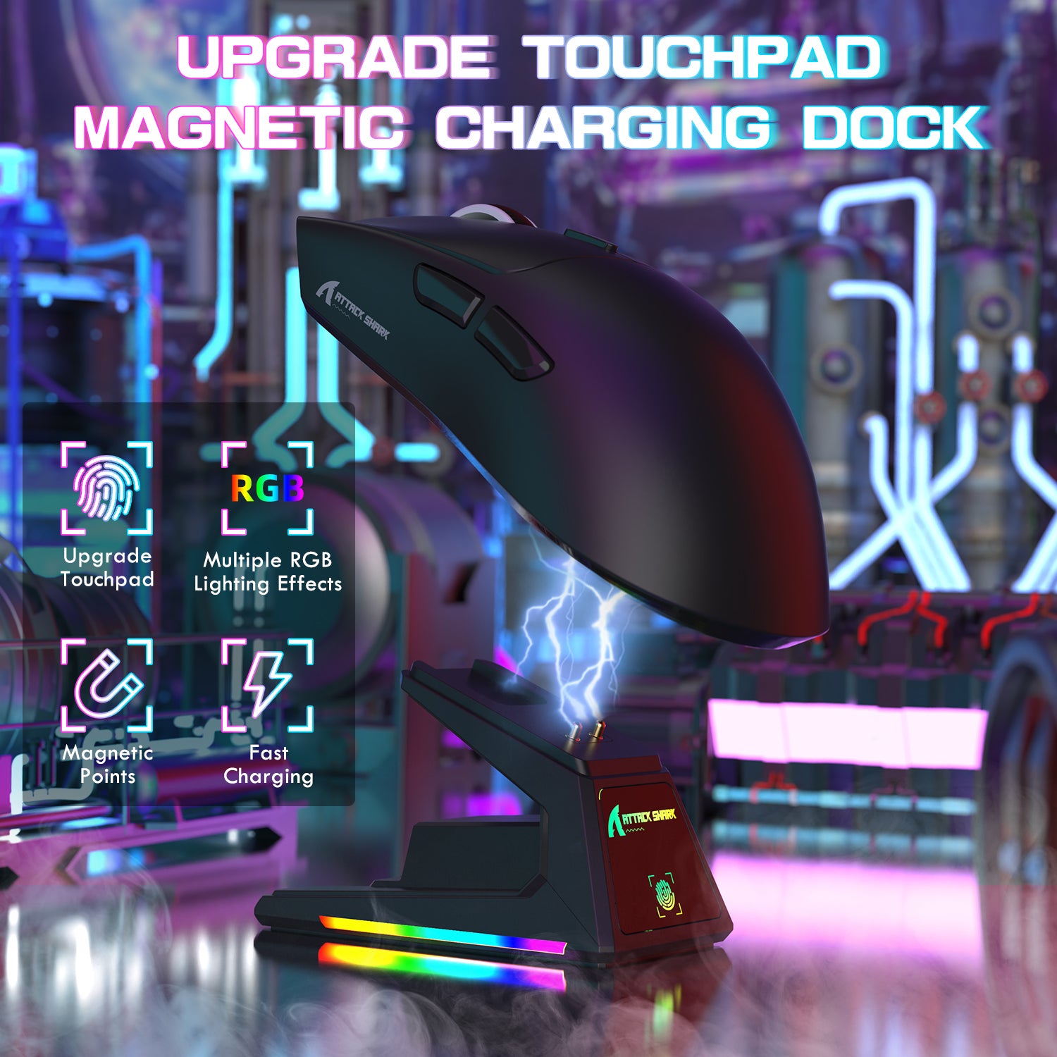 ATTACK SHARK X1 gaming mouse with touchpad and magnetic charging dock, RGB lighting