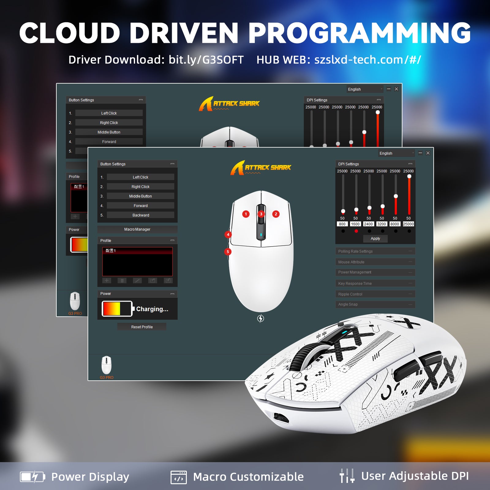 Mouse Gamer Sem Fio ATTACK SHARK G3PRO Tri-mode com Base de Carregamento 25000 DPI Ultraleve