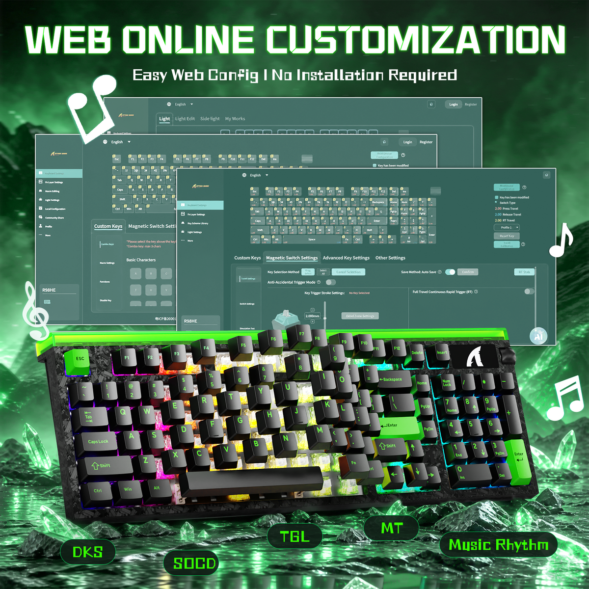 Teclado com fio ATTACK SHARK R98 HE Carbon Fiber, gatilho rápido, interruptor magnético, com cabo enrolado C01 Ultra RGB