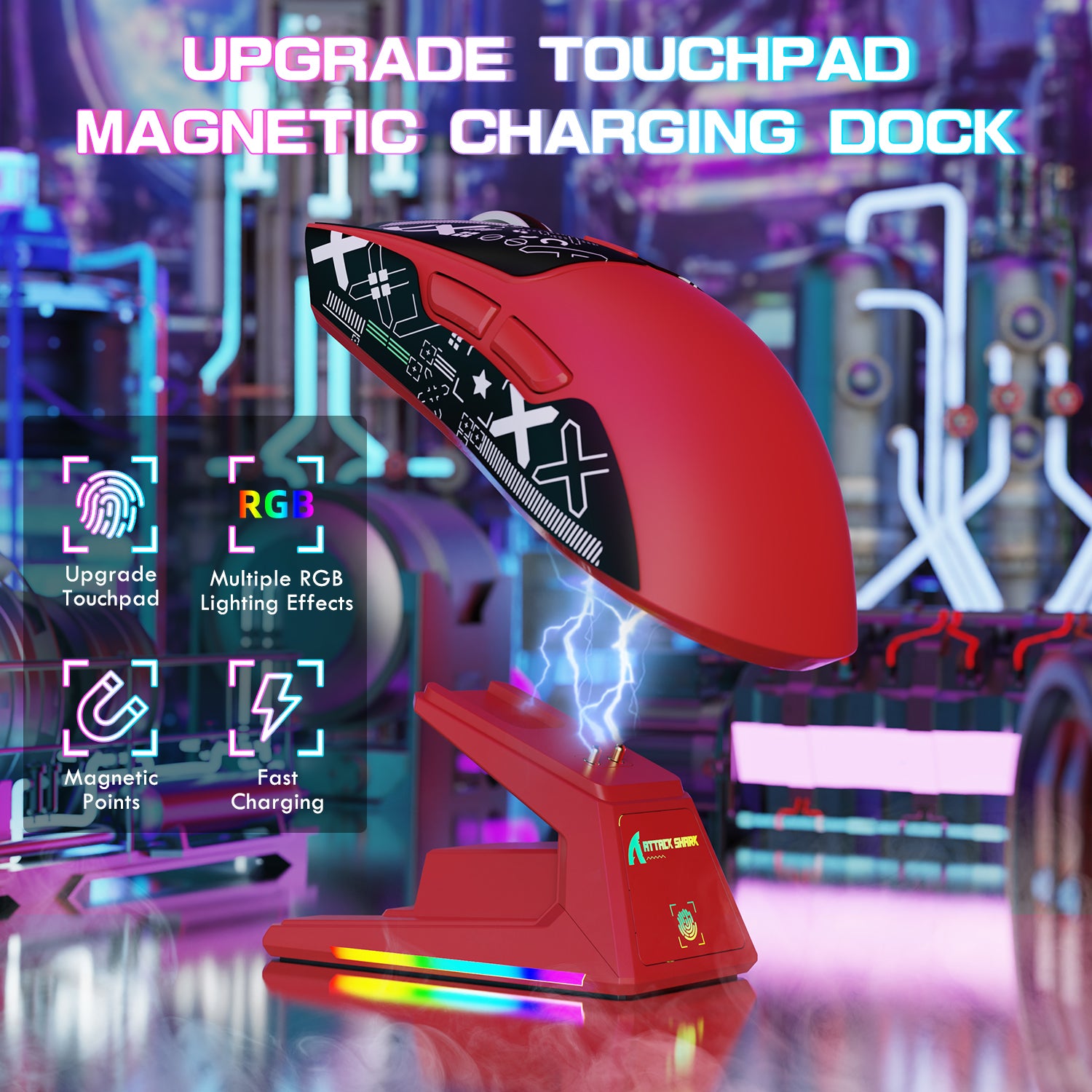 ATTACK SHARK X1 red gaming mouse on RGB magnetic charging dock with touchpad