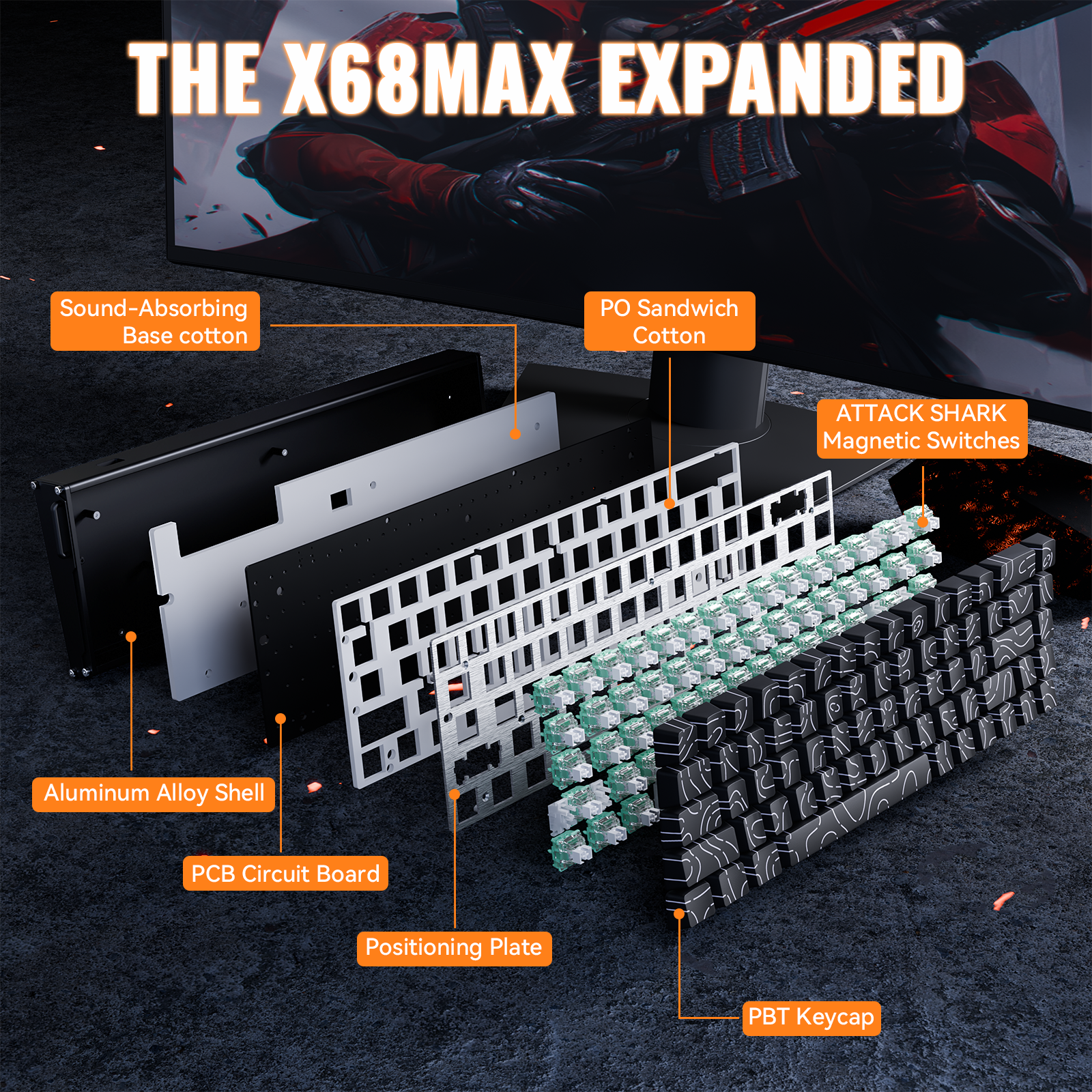 ATTACK SHARK X68MAX HE keyboard components, aluminum shell, magnetic switches, and PBT keycaps