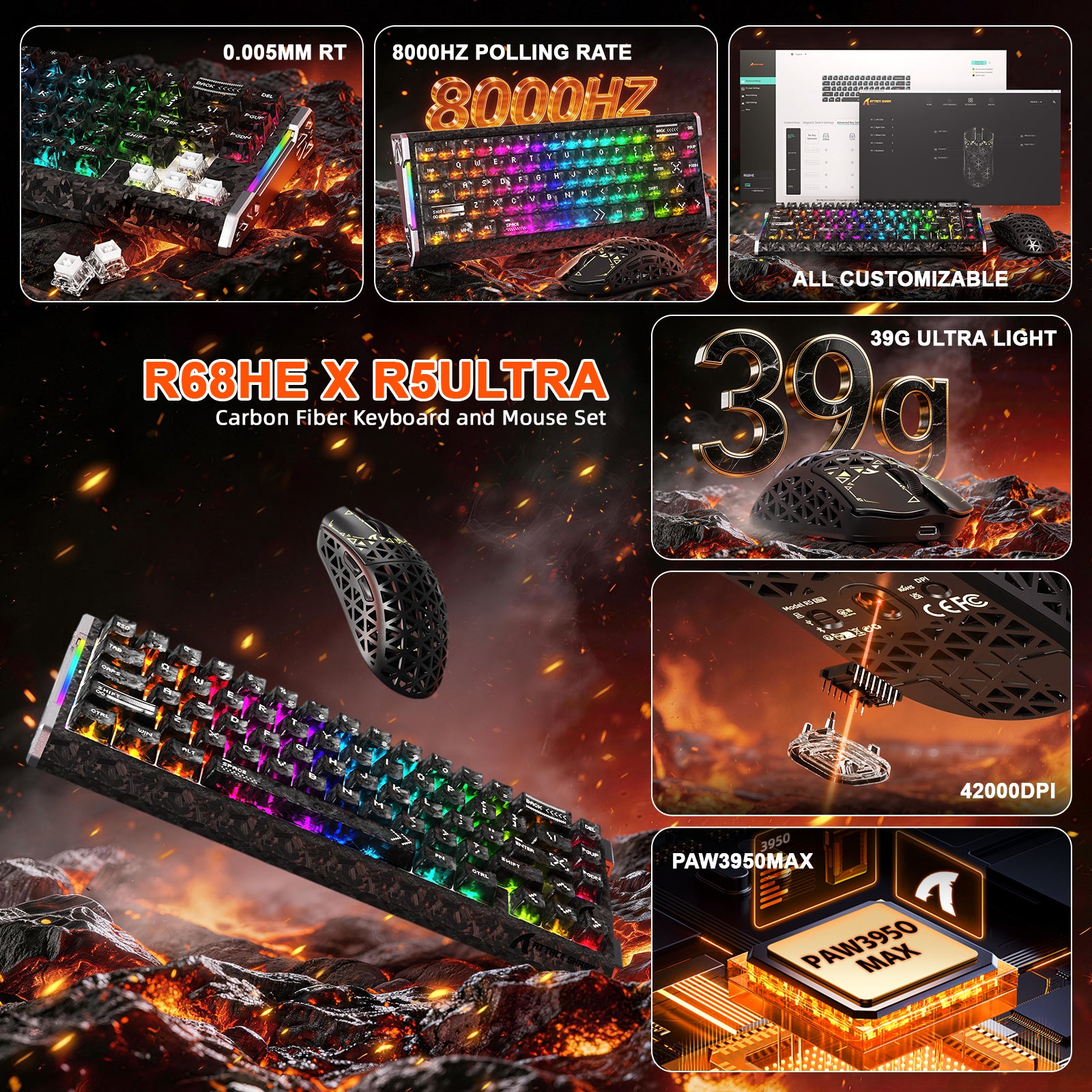 Pacote Gamer ATTACK SHARK R68 HE & R5 ULTRA Fibra de Carbono