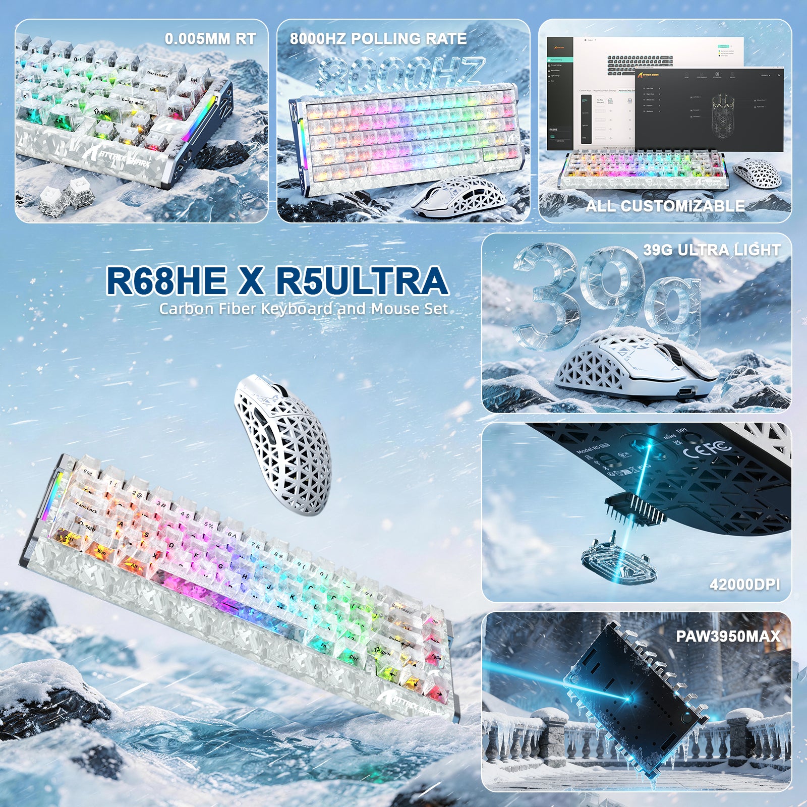Pacote Gamer ATTACK SHARK R68 HE & R5 ULTRA Fibra de Carbono