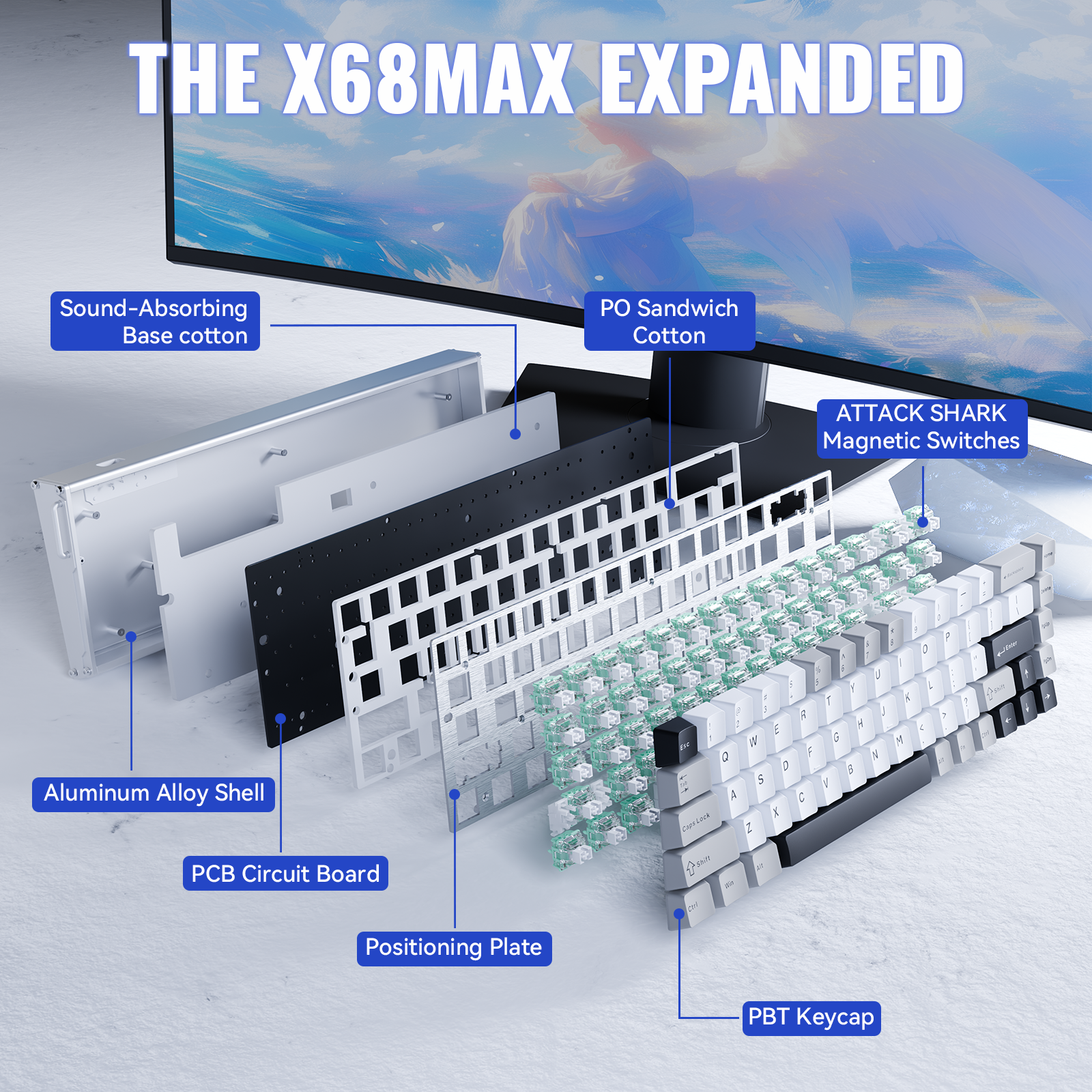 ATTACK SHARK X68MAX HE keyboard, showing internal components and magnetic switches.