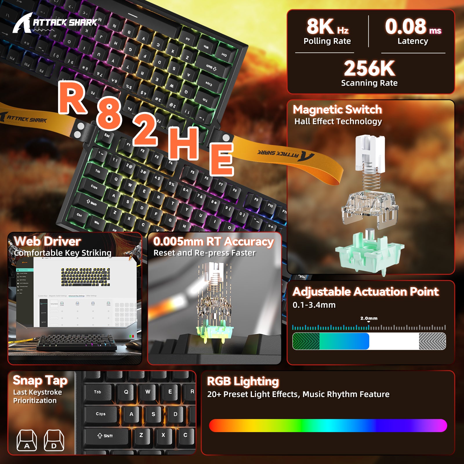 Teclado ATTACK SHARK R82 HE Rapid Trigger com Switch Magnético e RT de 0,005MM