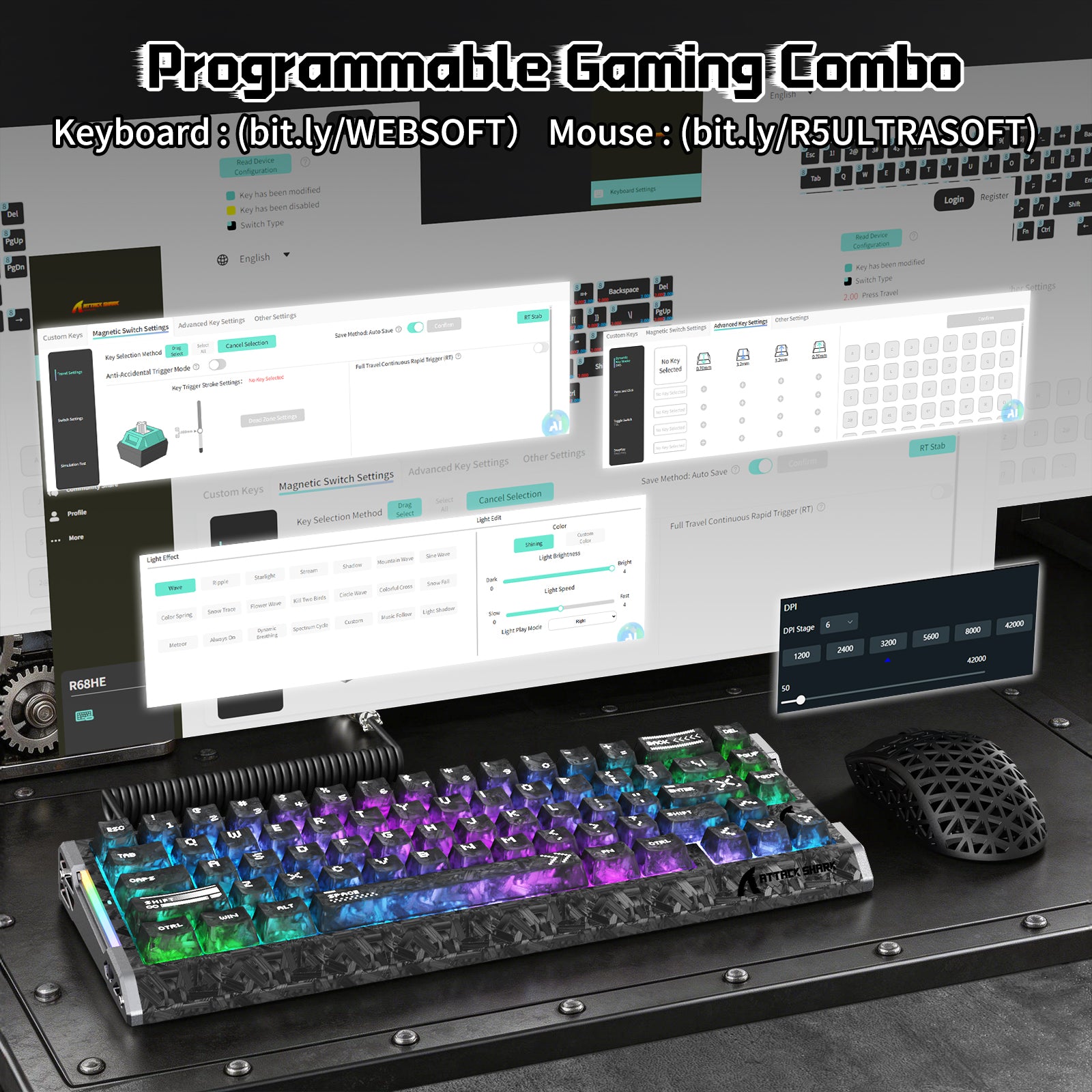 Pacote Gamer ATTACK SHARK R68 HE & R5 ULTRA Fibra de Carbono com Cabo Enrolado C01 ULTRA
