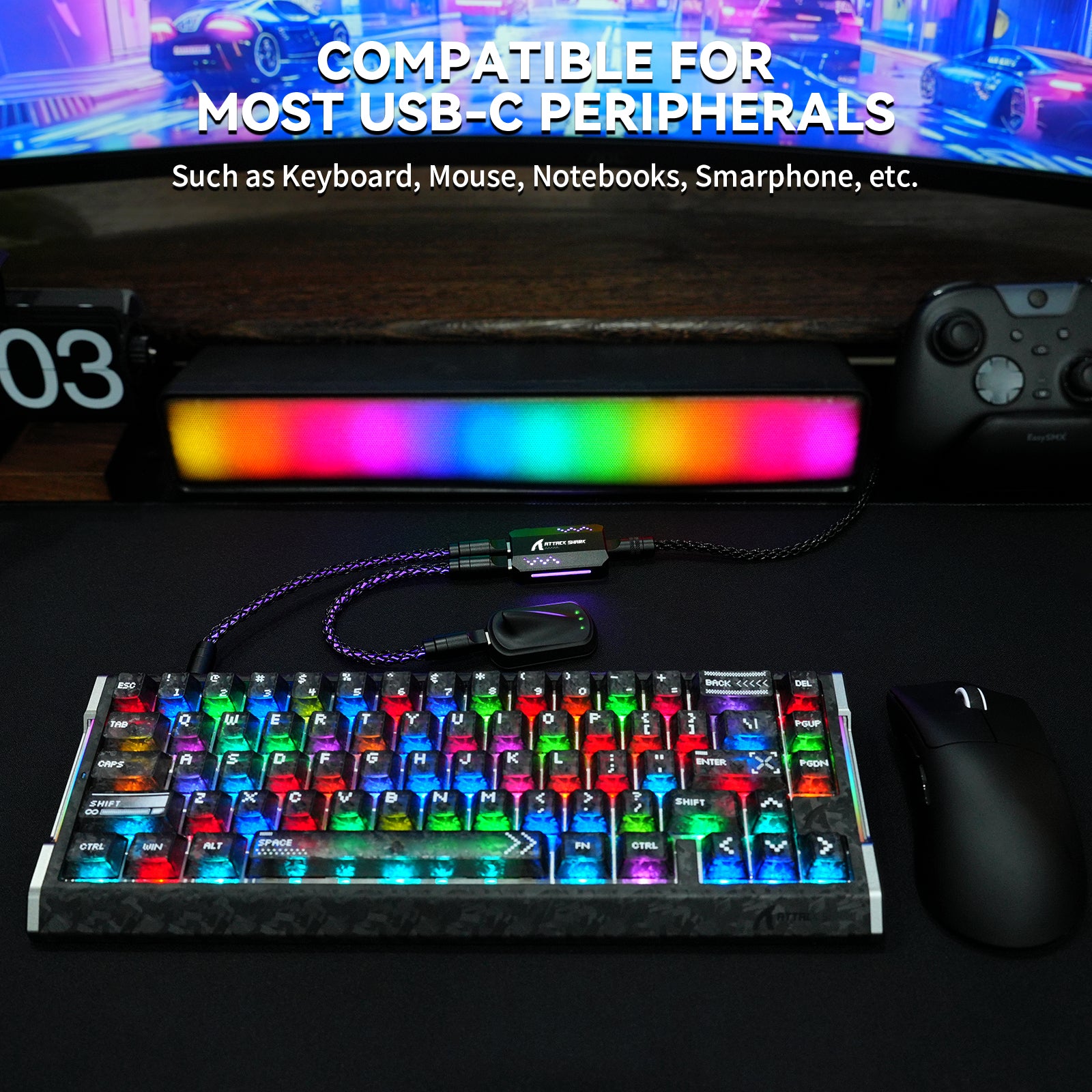 Cabo 2 em 1 Tipo C ATTACK SHARK C07 PRO para Teclado/Mouse Gamer 8KHz