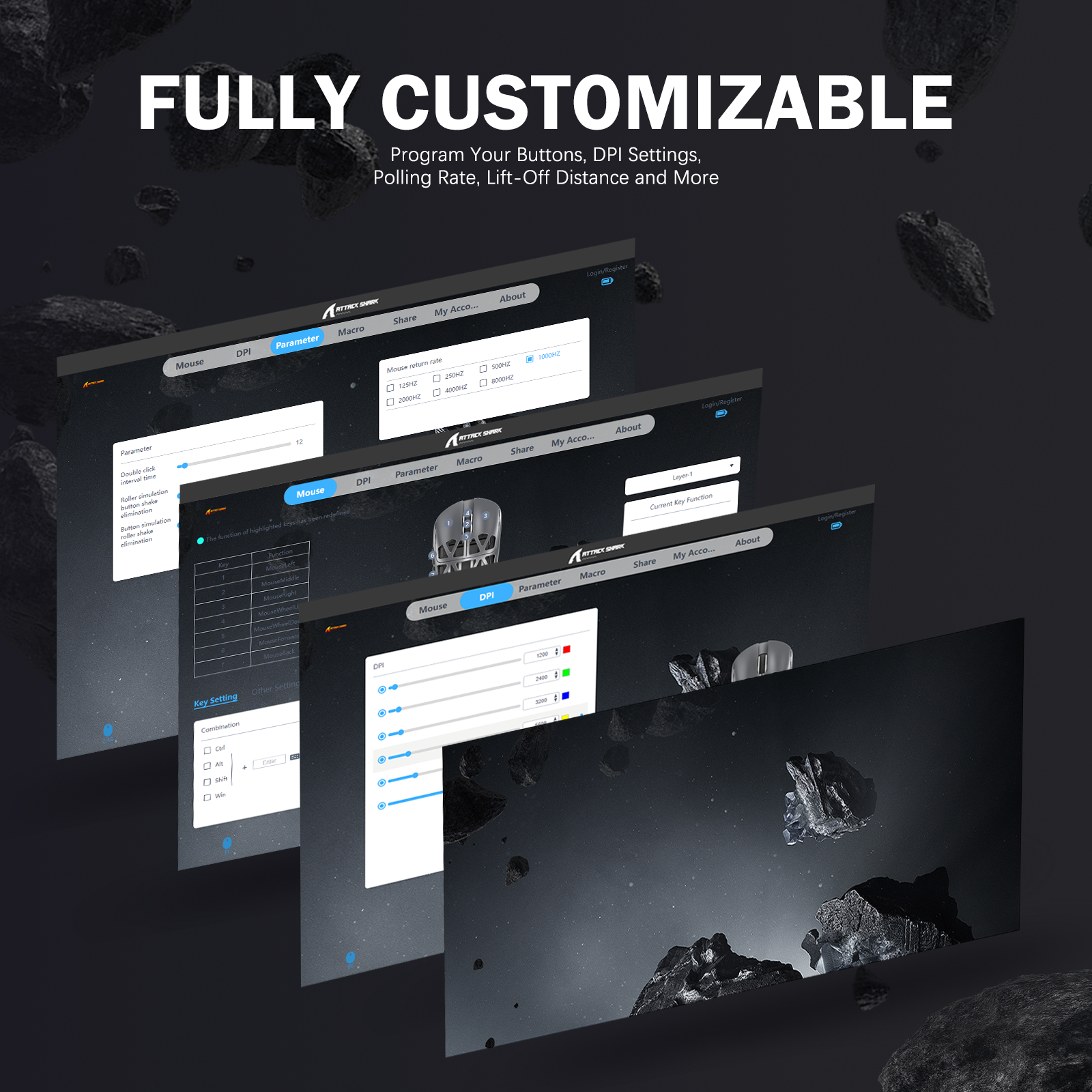 Attack Shark gaming mouse software interface showing customization options for DPI and polling rate.