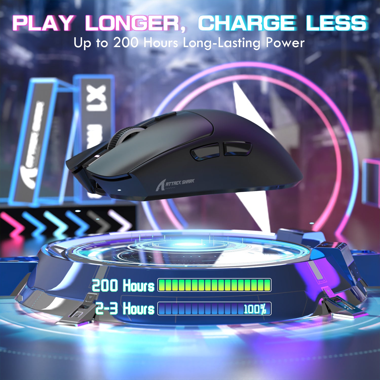 ATTACK SHARK X1 wireless gaming mouse, black, long-lasting battery, with charging dock; play longer, charge less