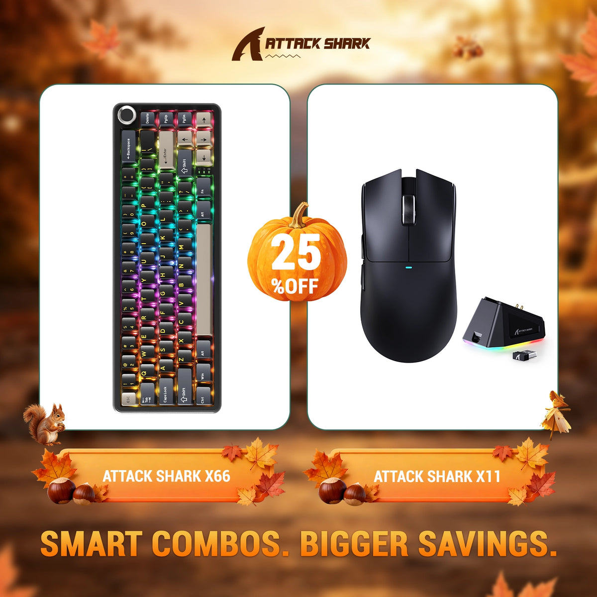 Kit ATTACK SHARK X66 Teclado Mecânico Sem Fio + Mouse Gamer Sem Fio X11