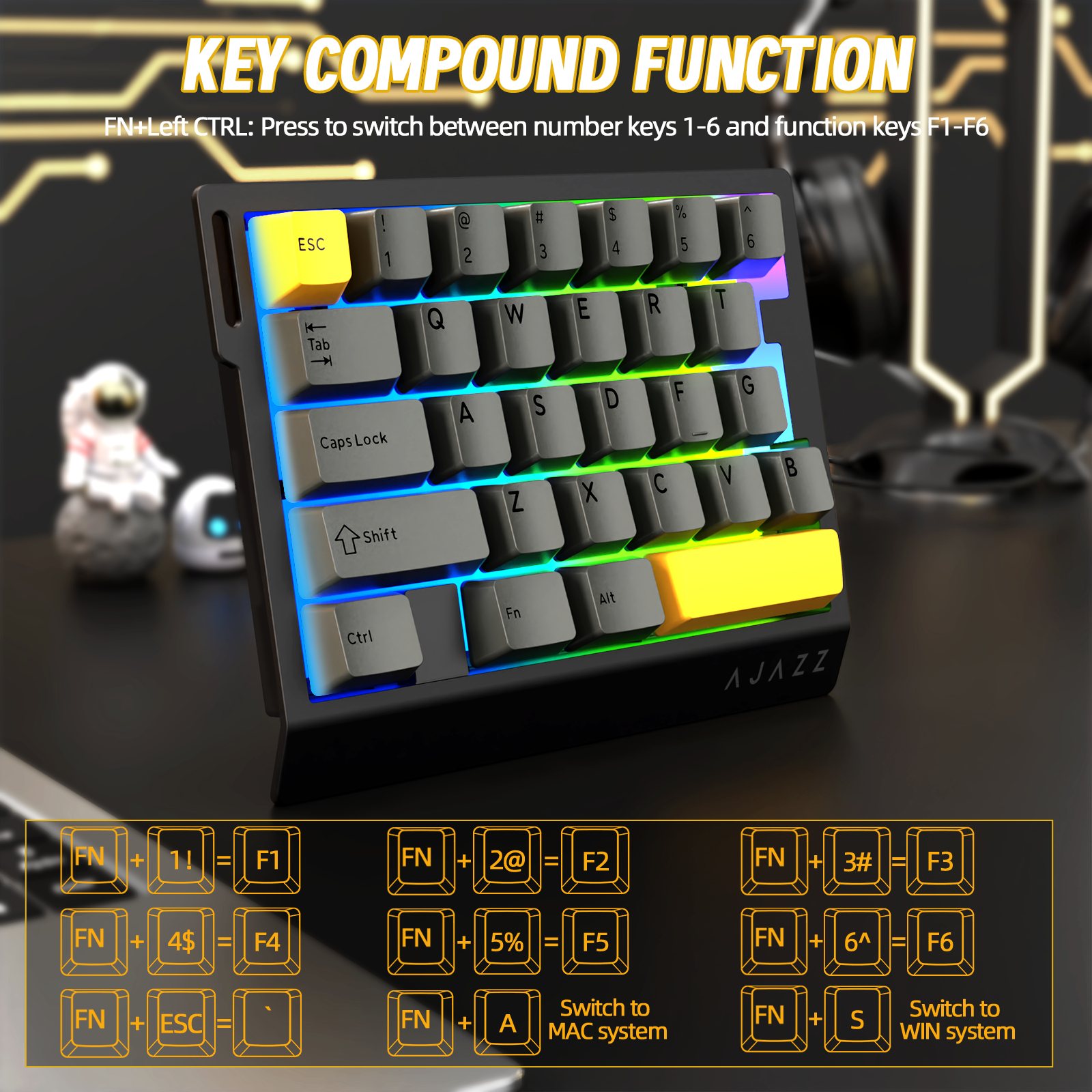 Teclado Gamer com Fio para Uma Mão ATTACK SHARK X AJAZZ AK029