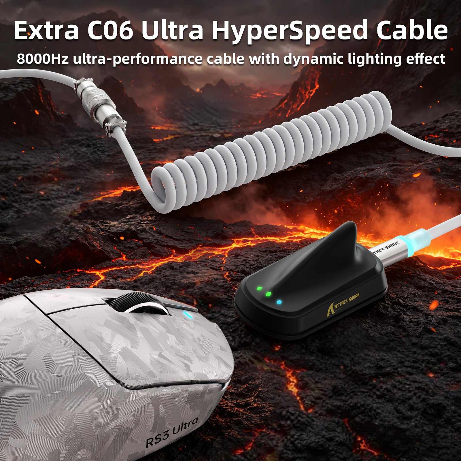 Mouse Gamer Sem Fio ATTACK SHARK RS3 ULTRA Fibra de Carbono PAW3955MAX com Cabo LED Ultra C06