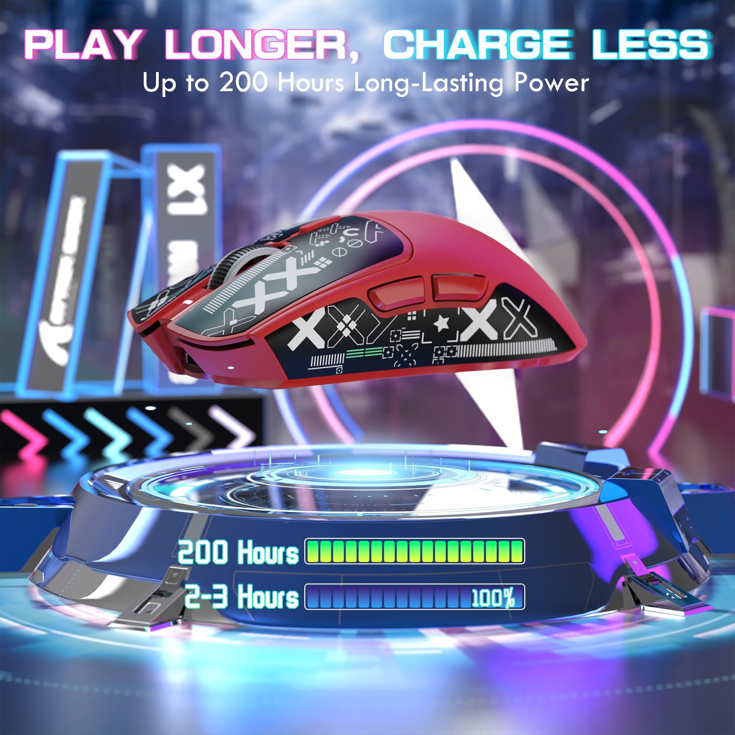 ATTACK SHARK X1 gaming mouse on charging dock with '200 Hours' and '2-3 Hours' battery indicators.