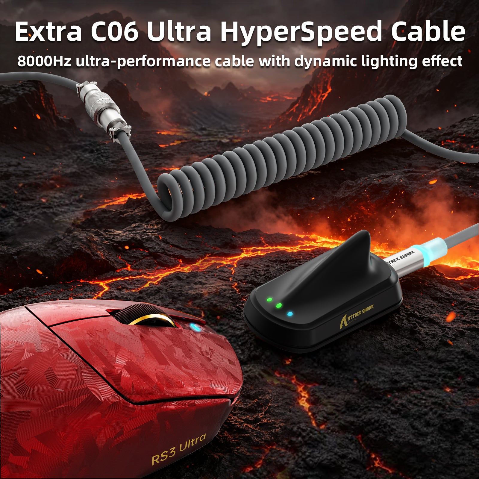 Mouse Gamer Sem Fio ATTACK SHARK RS3 ULTRA Fibra de Carbono PAW3955MAX com Cabo LED Ultra C06