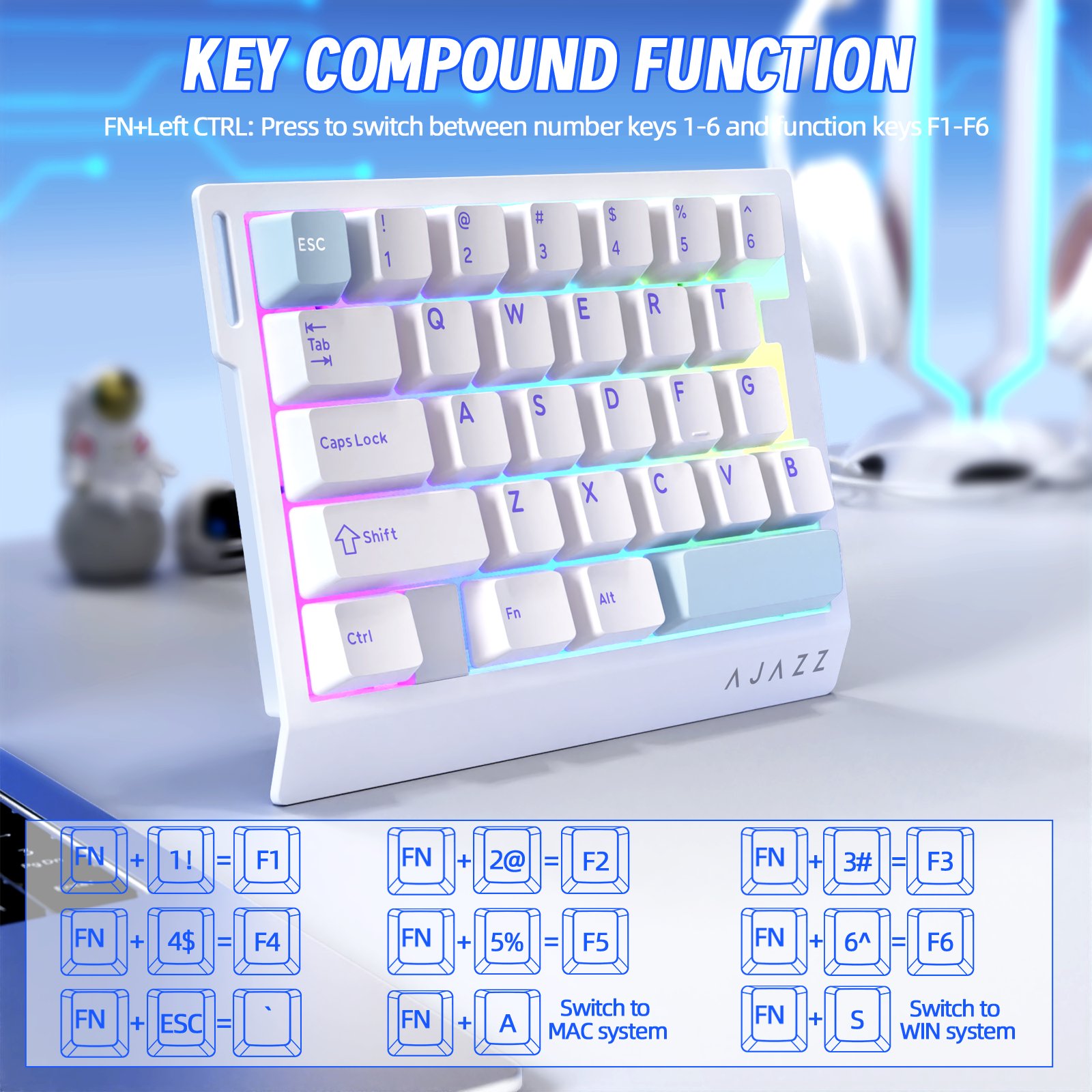 Teclado Gamer com Fio para Uma Mão ATTACK SHARK X AJAZZ AK029