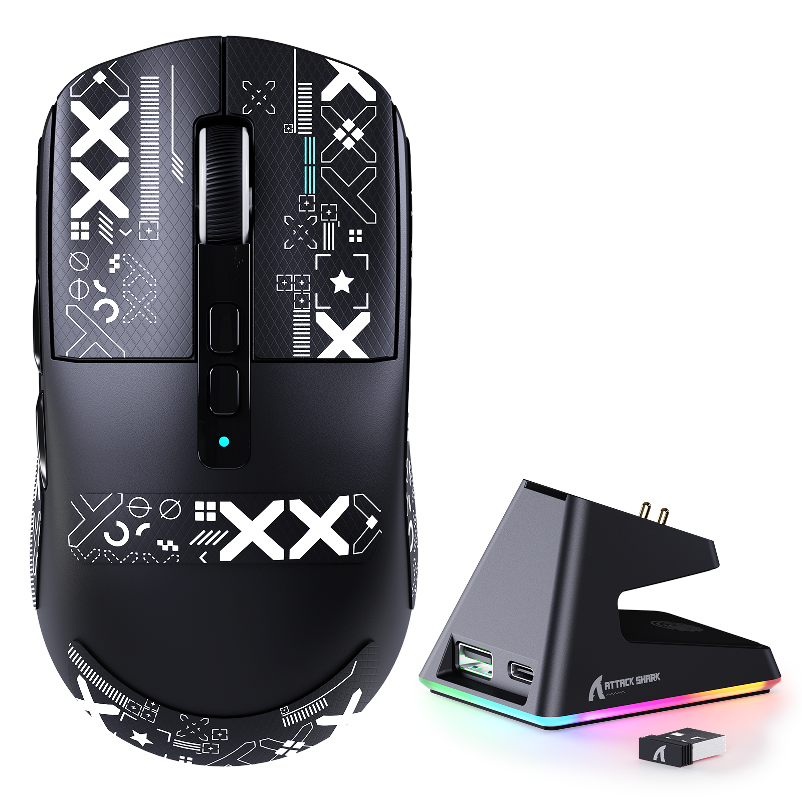 ATTACK SHARK X6 Mouse Gamer com Três Modos e Base de Carregamento